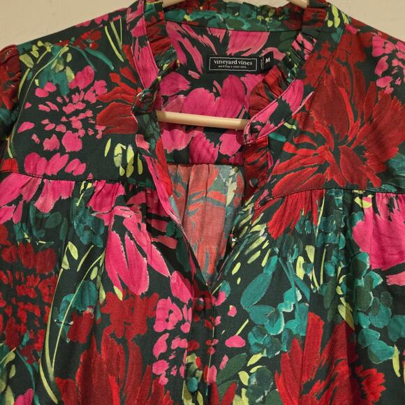 Vineyard Vines Ruffled Collar Silk Blend Floral Print Popover Top Blouse, Sz Med - Picture 6 of 8